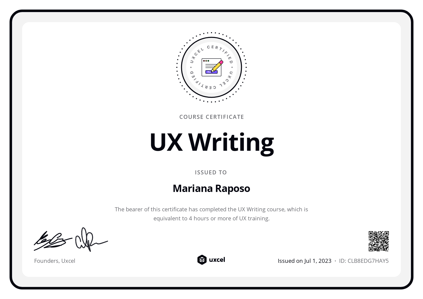Mariana Raposo's certificate